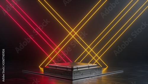 Dark box emitting red and yellow laser beams in a dark room