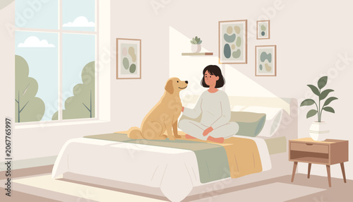 Happy young woman sits cross-legged on her bedroom bed while affectionately bonding with her loyal golden retriever.