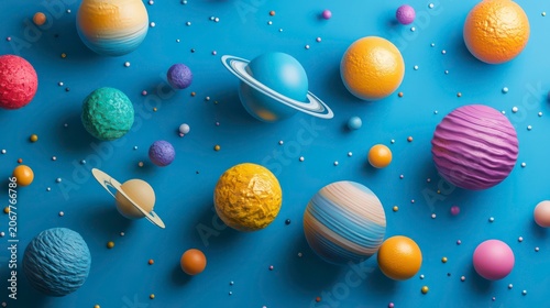 Artistic arrangement of colorful planets on a blue background, representing a creative depiction of the solar system and astronomy.