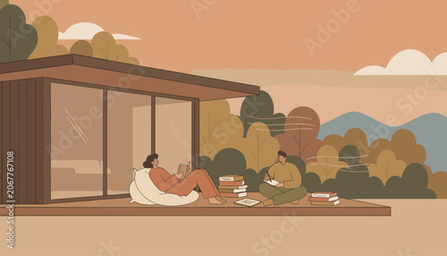 Peaceful young couple reading and writing on the wooden terrace of their modern glass cabin during autumn season.