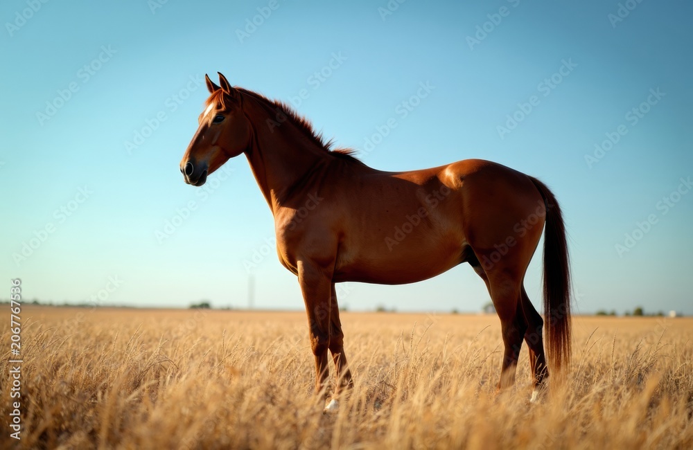 Obraz premium Brown horse standing in a golden field under clear blue sky at sunset