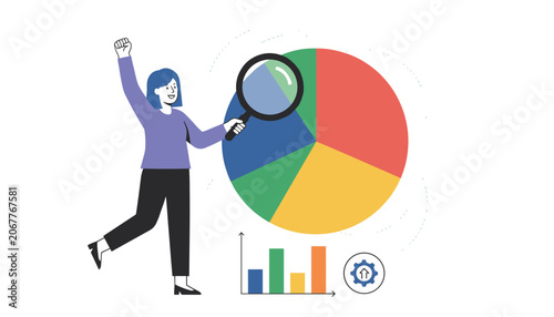 Enthusiastic businesswoman examining a colorful pie chart with a large magnifying glass to analyze marketing data.