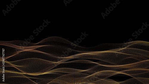 Glowing golden mesh waves flow across a dark background, creating an elegant futuristic atmosphere