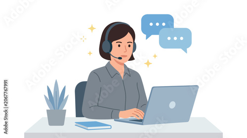 Customer support representative working on laptop with headset