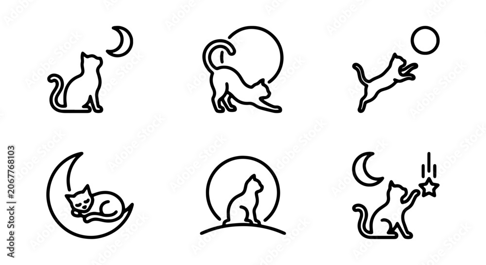 Obraz premium Cute Cat Icons, Moon and Stars Vector Set, Playful Feline Graphics for Nighttime Themes