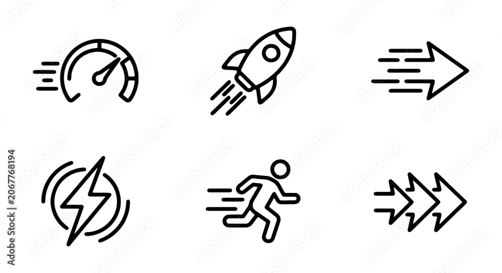 Fototapeta premium Speed Icons: Fast Performance, Rocket Launch, Running Man, Acceleration, Velocity, Motion Arrows