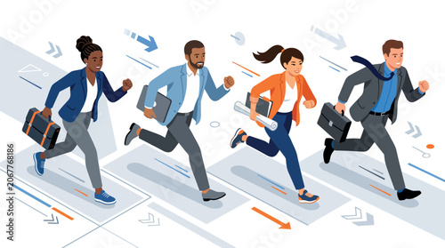 Diverse business professionals in a competitive race
