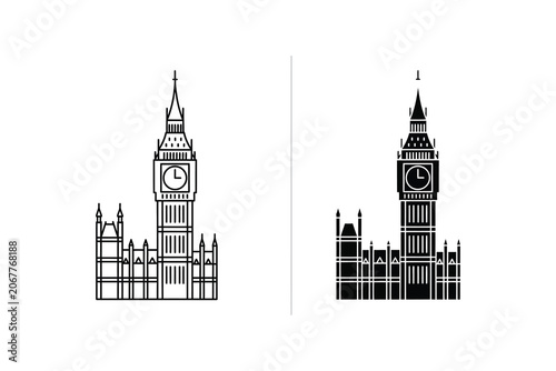 Photos Big Ben clock tower vector illustration, line art and silhouette