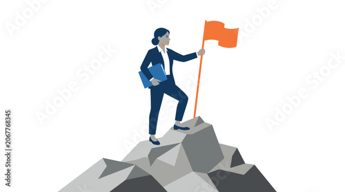 Businesswoman standing on mountain peak with flag