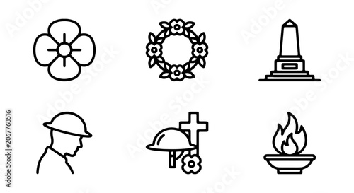 Photos Remembrance Day Icons: Poppy, Wreath, Cenotaph, Soldier, Torch, Vector Set