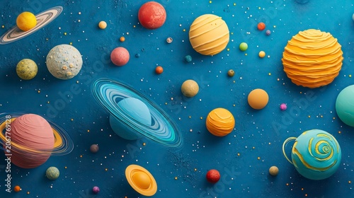 Artistic arrangement of colorful planets on a blue background, representing a creative depiction of the solar system and astronomy.