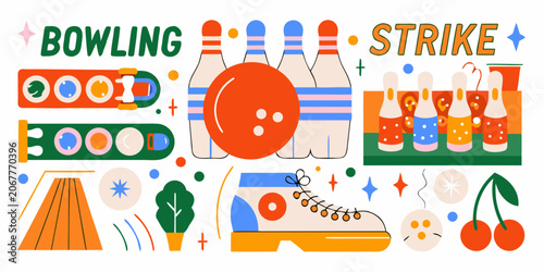Bowling pins ball and shoes vector illustration with colorful graphic elements