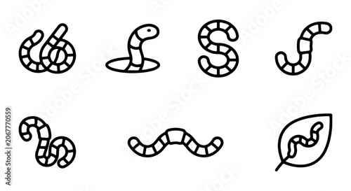 Canvastavla Cute Worm Icons Set, Simple Earthworm Vector Graphics, Garden Critter Line Art C