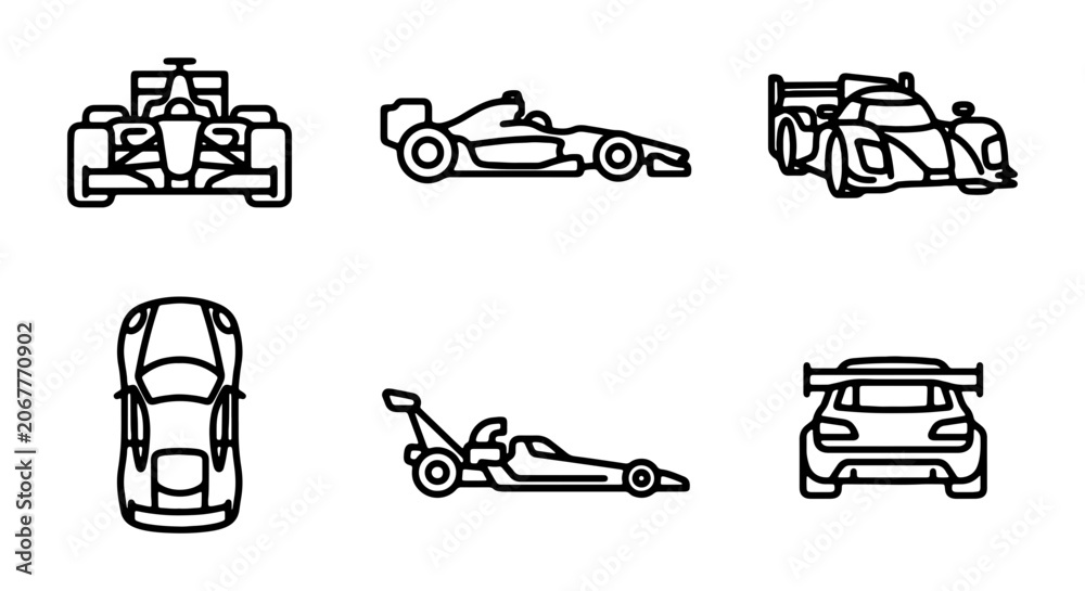 Naklejka premium Formula 1 Race Cars, Sleek Sports Vehicles, Modern Automotive Designs, High-Speed Competition Icons