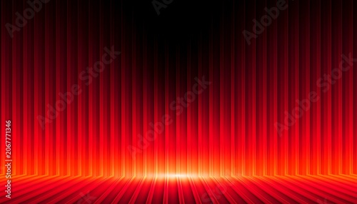 Red theater curtain hanging on stage with wooden floor