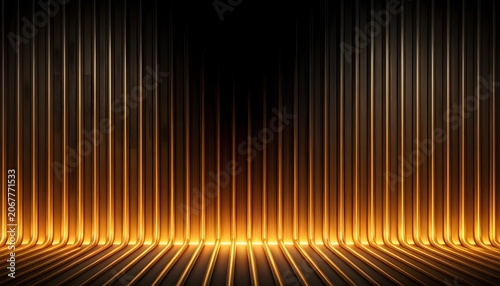Golden light beams illuminating a dark stage background