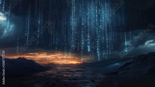 Binary code in the form of glowing rain falling over a dark, futuristic landscape, symbolizing data streaming and the digital world.