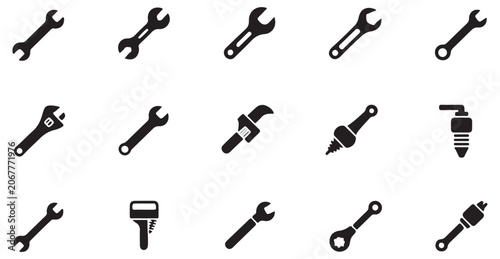 Photos Wrench set, adjustable wrench, spark plug, bolt, pipe wrench, and construction tools