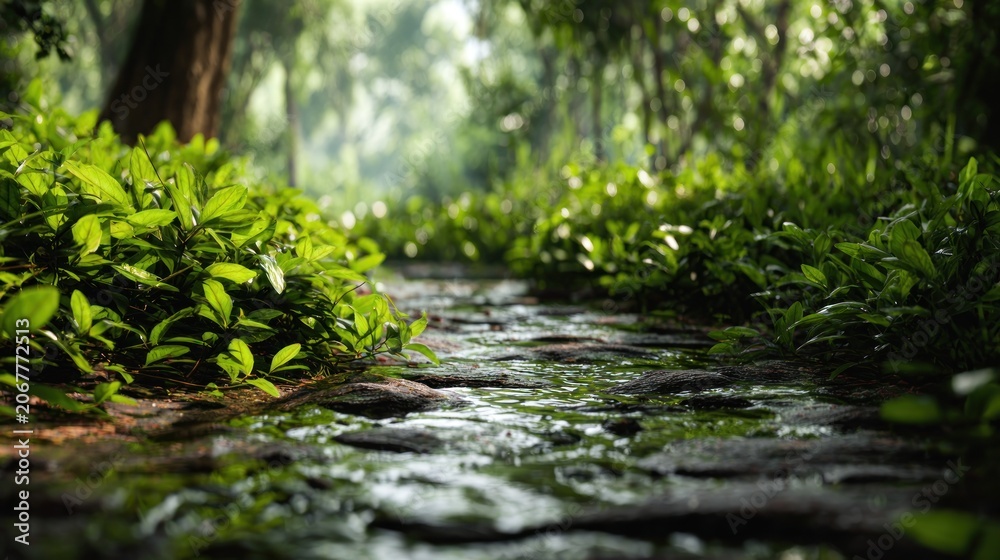 Fototapeta premium Enchanted Forest Path: Serene Water Flows Among Verdant Foliage and Stone