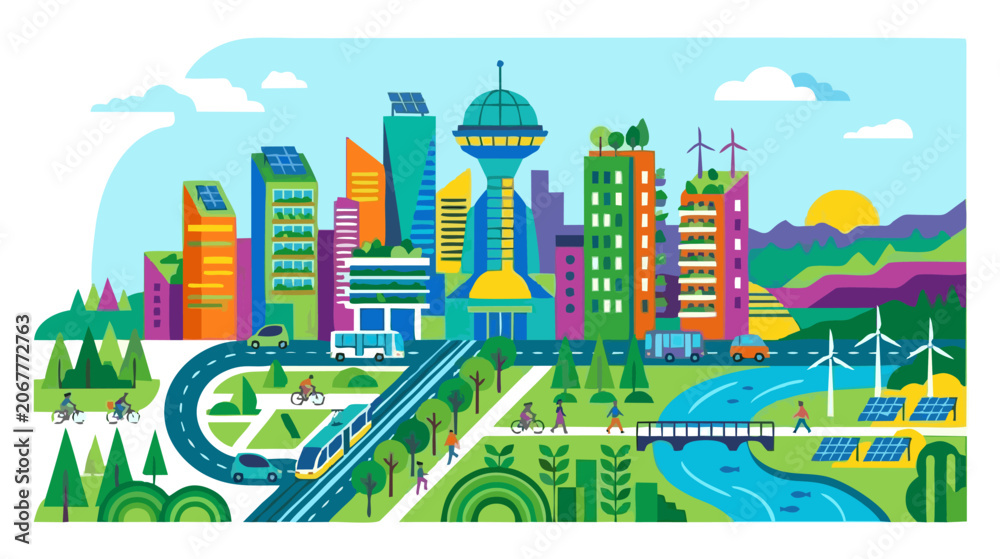 Fototapeta premium Flat design vector landscape of a modern eco-friendly