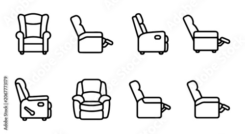 Recliner Chair Icons Set, Furniture Vector Graphics, Comfort Seating Collection