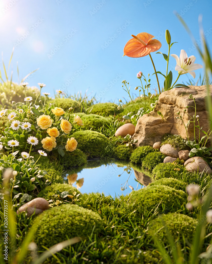 Naklejka premium Blooming Flowers and Mossy Pond Reflecting Blue Sky