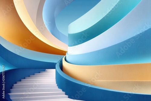 Abstract pastel staircase with flowing curves and architectural spiral in blue and gold tones