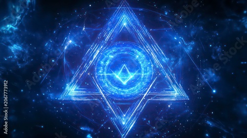 All Seeing Eye of Providence, Sacred Geometry Symbol of Mystic, Blue Network Digital HUD Concept.