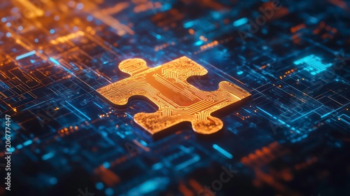 An abstract technology-themed image showcasing a puzzle piece symbolizing API integration within a digital environment, suggesting connectivity and software development.