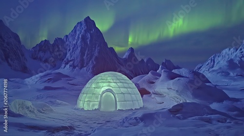 Aurora borealis. Northern lights in winter mountains. Wintry scene with glowing polar lights and snowy igloo. Christmas postcars