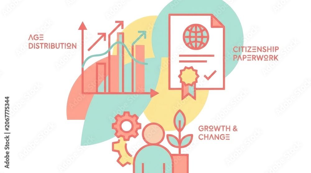 Obraz premium Visual representation of demographic changes and age distribution with citizenship paperwork and growth indicators for informative design