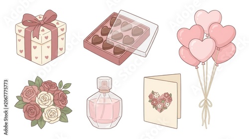 Romantic gift collection with heart chocolates, balloons, flowers, perfume, and card for valentine's day celebration design