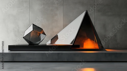 Black and glass geometric shapes on a grey platform with an orange light , geometric, shapes, black, glass, grey, platform