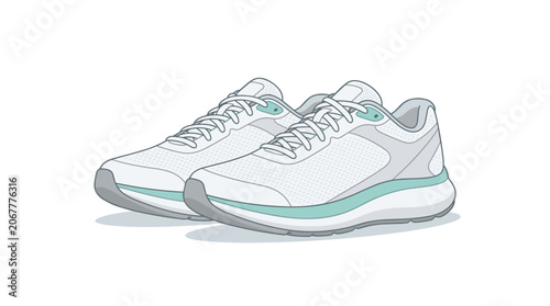 Pair of white athletic running shoes with teal accents and gray soles on a white background