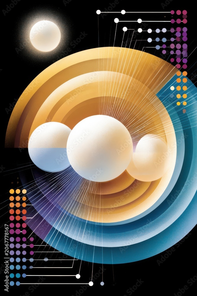 Fototapeta premium Abstract cosmic data visualization with luminous spheres, concentric waves and futuristic radial design
