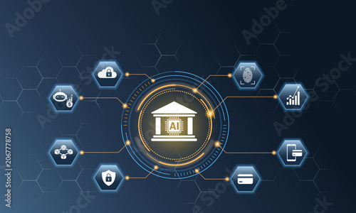 Artificial Intelligence in FinTech and Digital Banking Services Concept with Smart Bank and AI Chip. File EPS 10