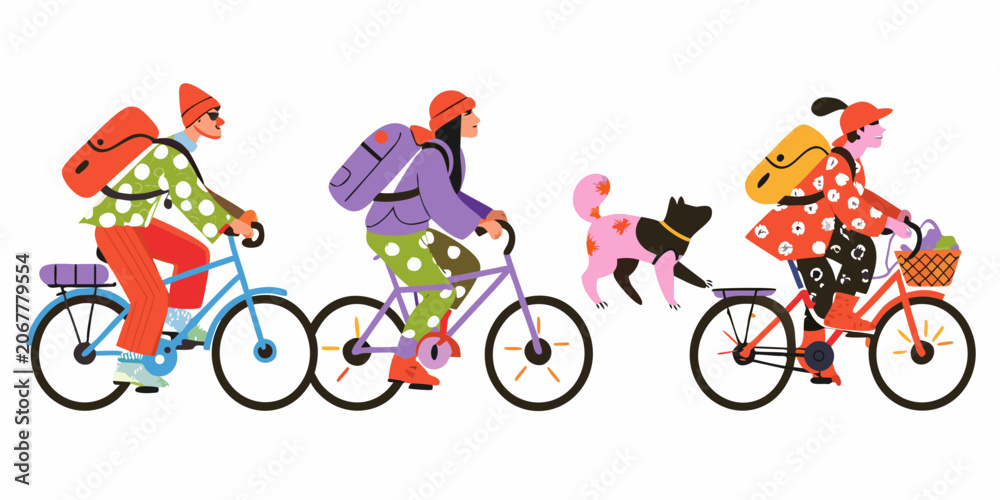 Obraz premium People Cycling With Pets Colorful Vector Illustration On White Background