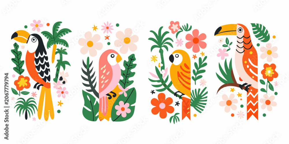 Obraz premium Tropical Birds With Foliage A Colorful Vector Illustration
