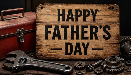 Rustic Wooden Sign with Happy Father's Day Message and Vintage Tools