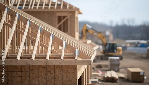 New residential building under construction with exposed wooden roof trusses and framing structure