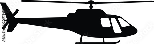 Φωτογραφία Minimal vector silhouette, helicopter side view with main rotor and tail rotor, solid black, isolated on white background