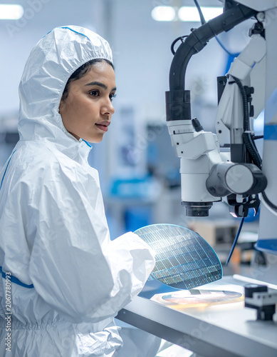 A scientist in a cleanroom suit, seen from behind, inspects a silicon wafer under a microscope for microscopic structural defects.