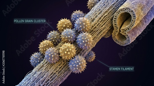A close up view of a cluster of pollen grains attached to a stamen filament, highlighting the intricate details of plant reproduction.
