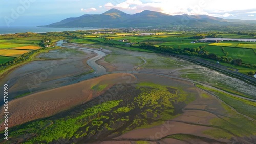 Aerial view of Dundrum bay during low tide Northern Ireland