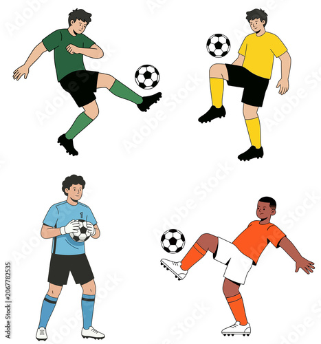 Set of soccer players in action poses with footballs isolated on transparent background, flat cartoon vector style