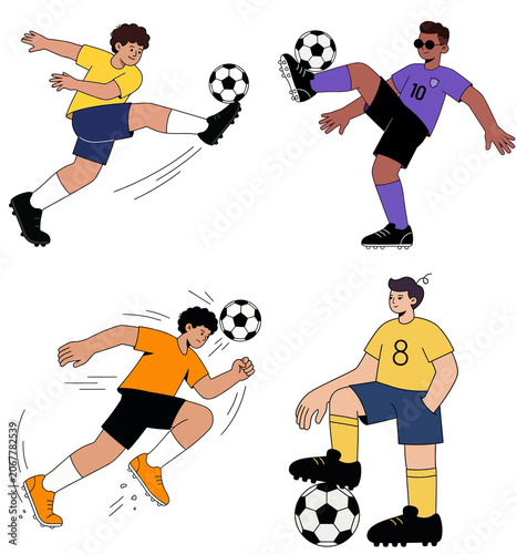 Set of soccer players in action poses with footballs isolated on transparent background, flat cartoon vector style