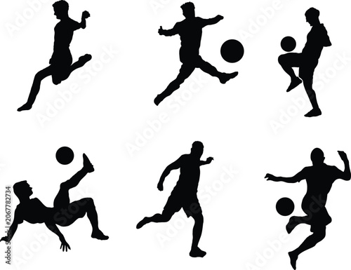 Black vector illustration set showing silhouettes of soccer players performing various dynamic athletic ball control moves