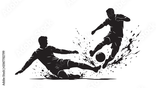 Tableau sur toile Artistic Silhouette of Soccer Players Dribbling and Tackling with Ink Splatter