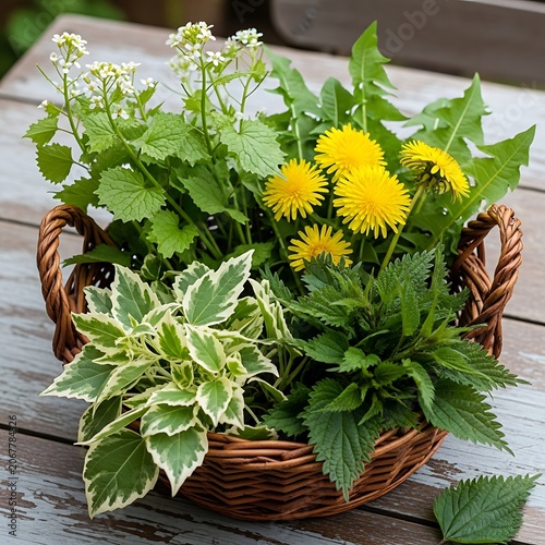 Vibrant sunflower bouquet in rustic basket on wooden table.