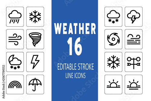 A professional set of 16 editable weather line icons, featuring symbols for various atmospheric conditions, storms, and seasonal elements, designed for meteorological or digital interface projects.